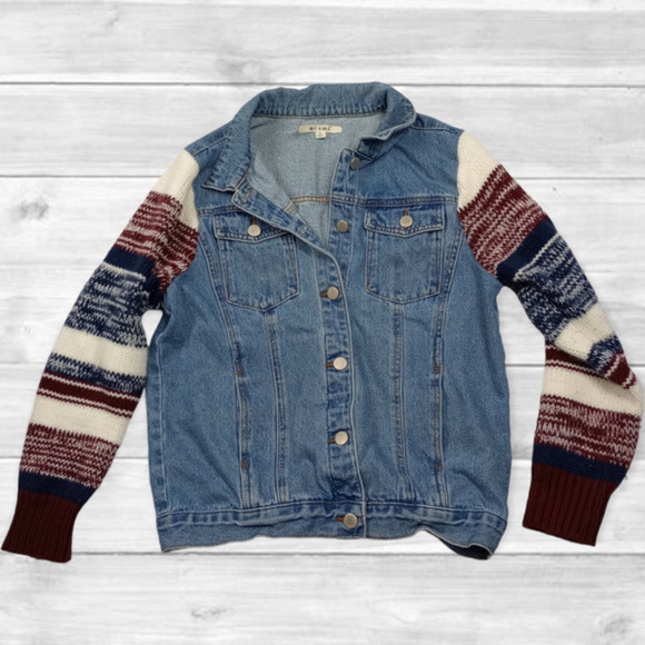 MIAMI Denim Jacket Striped Knit Sleeves Size Small - Picture 1 of 6